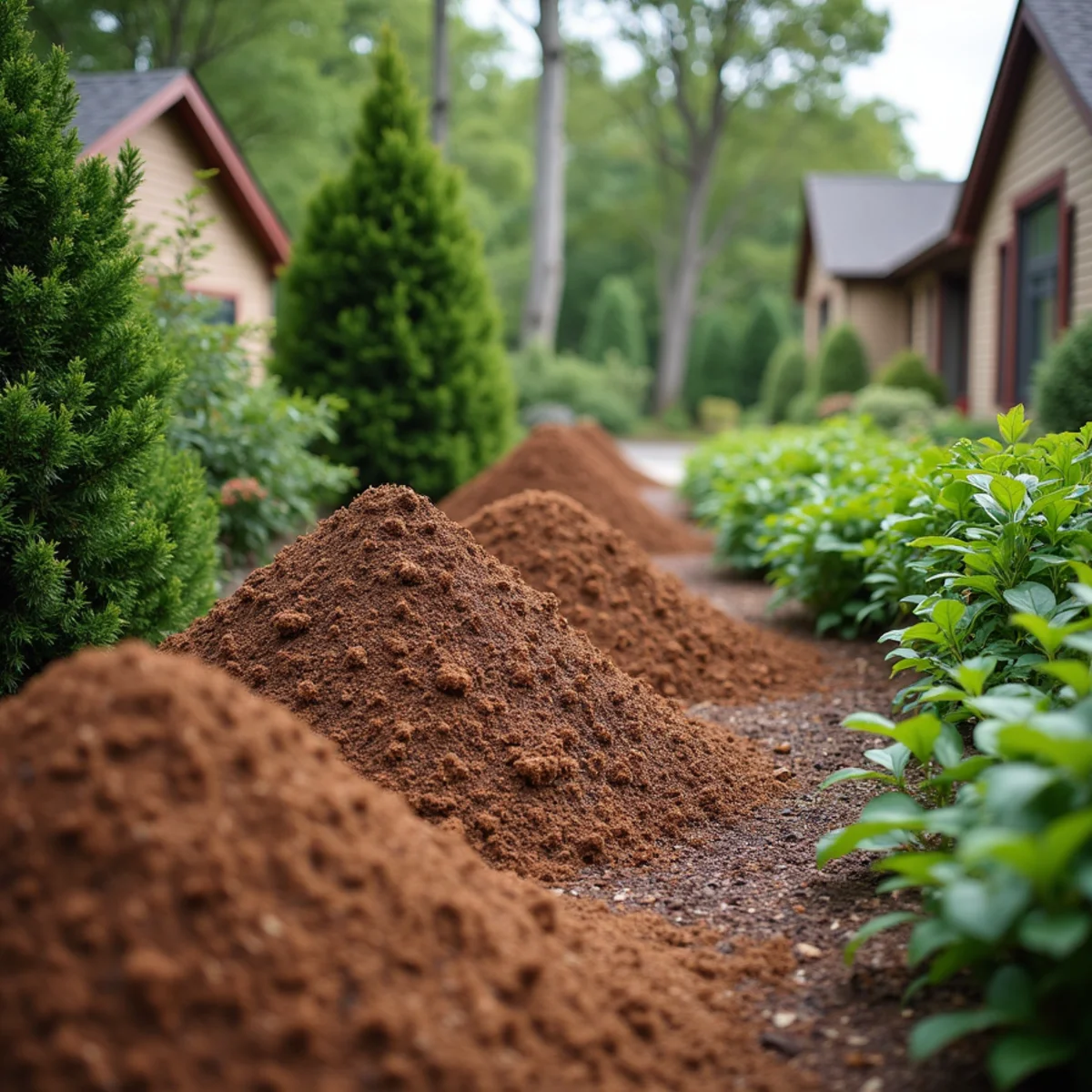 Fresh shredded hardwood mulch spread around a perennial bed at a Colts Neck home in spring