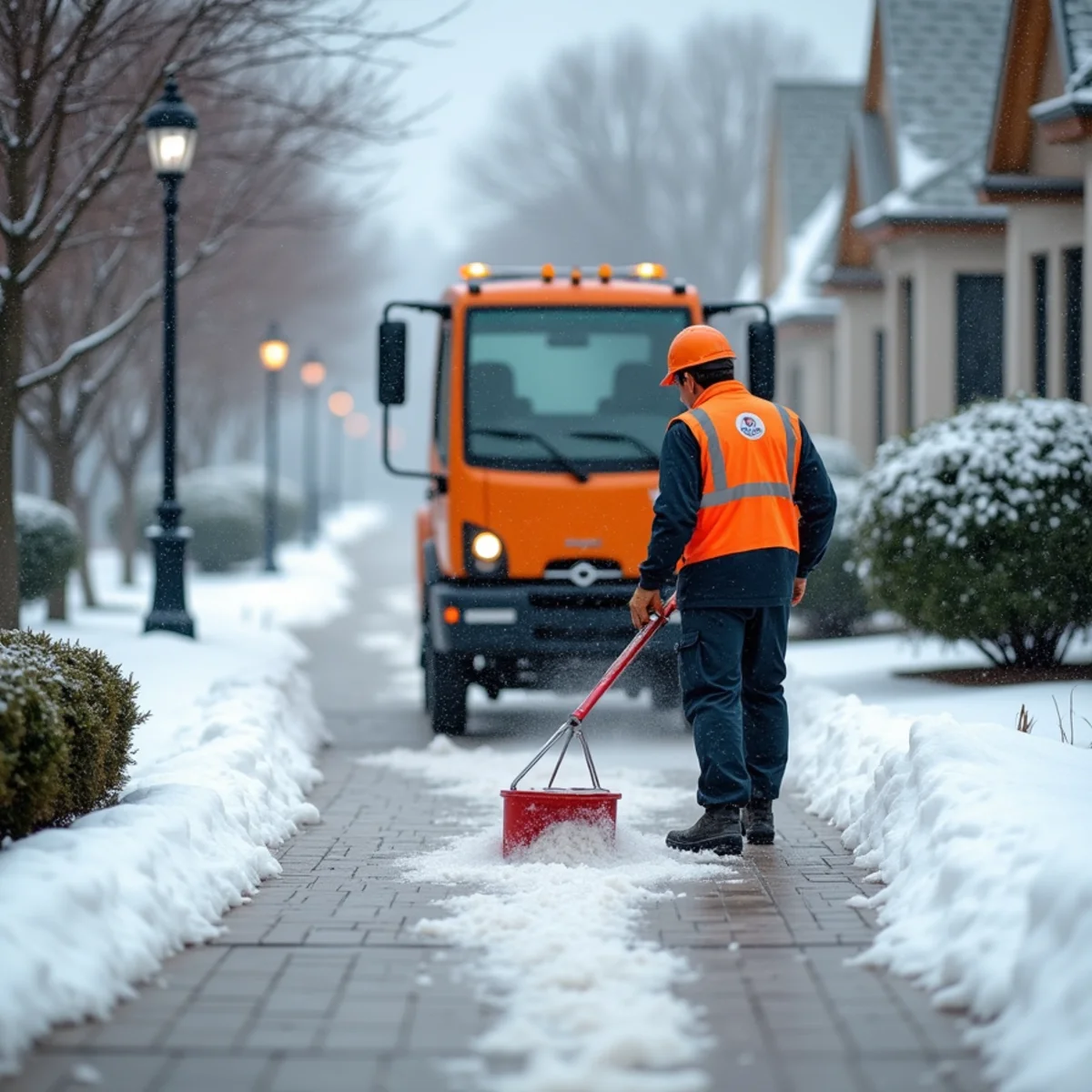 Commercial parking lot and walkways being deiced during a winter storm at an Edison business park