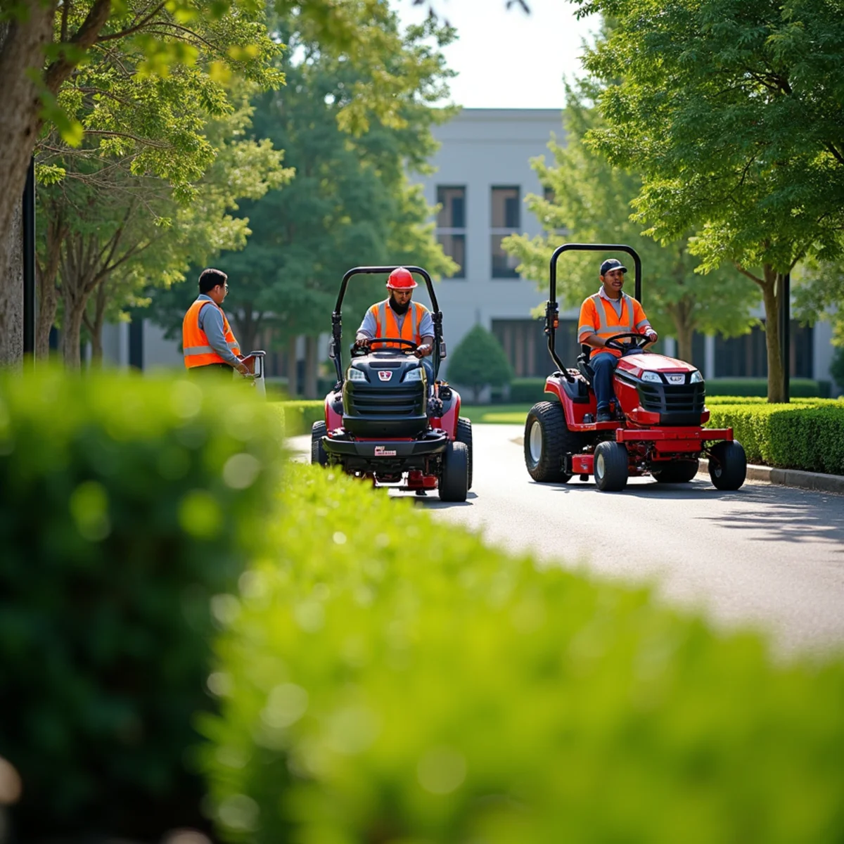 Well-maintained commercial property landscaping with mowed lawn and trimmed beds at an office park in Freehold Township, New Jersey