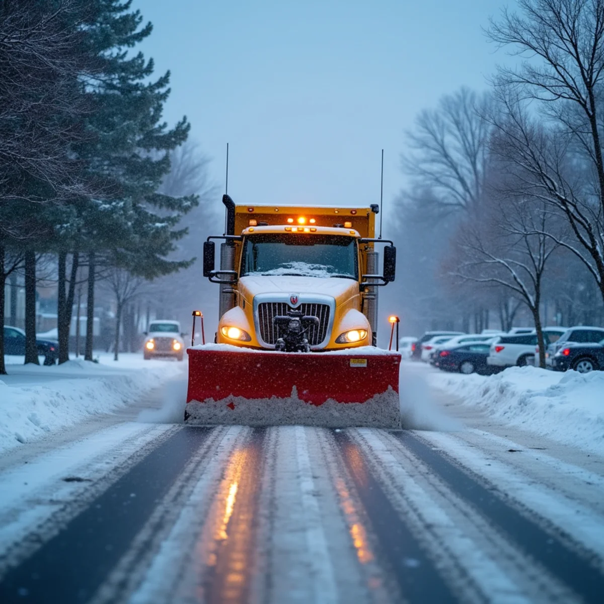 Commercial parking lot being plowed and salted during a snowstorm at a business property in Freehold Borough, New Jersey
