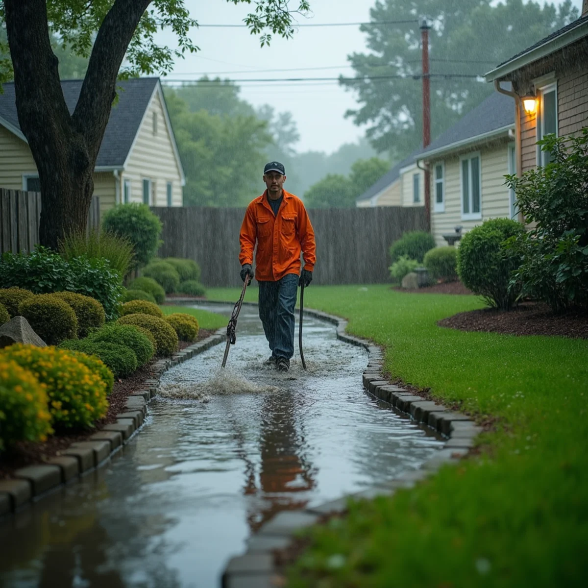 Standing floodwater pooling against a home foundation during heavy rain in Freehold Township, New Jersey