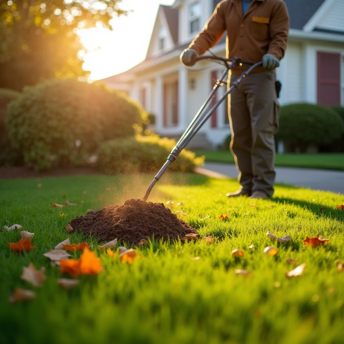 Core aerator pulling plugs from a cool-season lawn during fall preparation in Howell, New Jersey