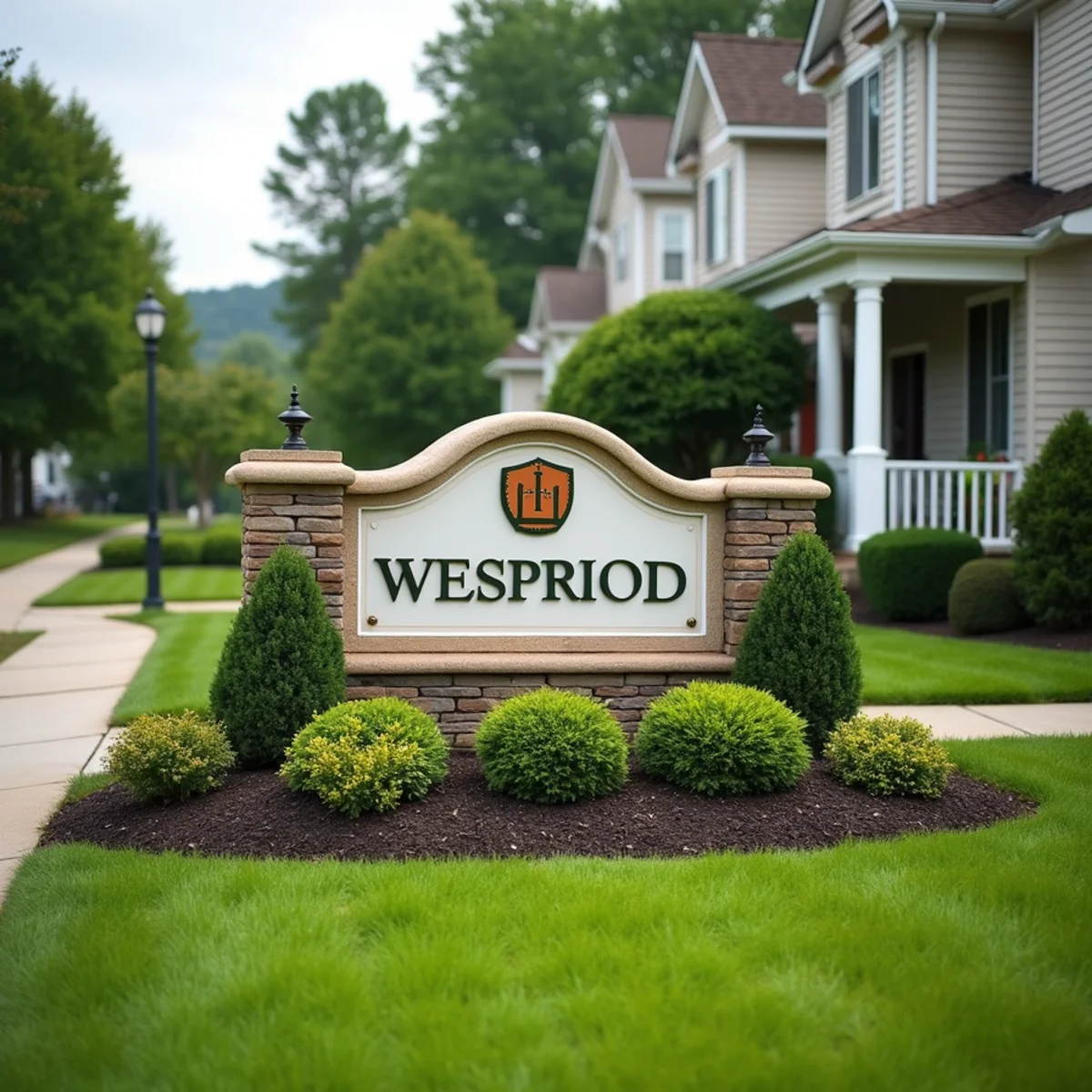 Manicured common-area lawn and entrance plantings at a Manalapan HOA community in New Jersey