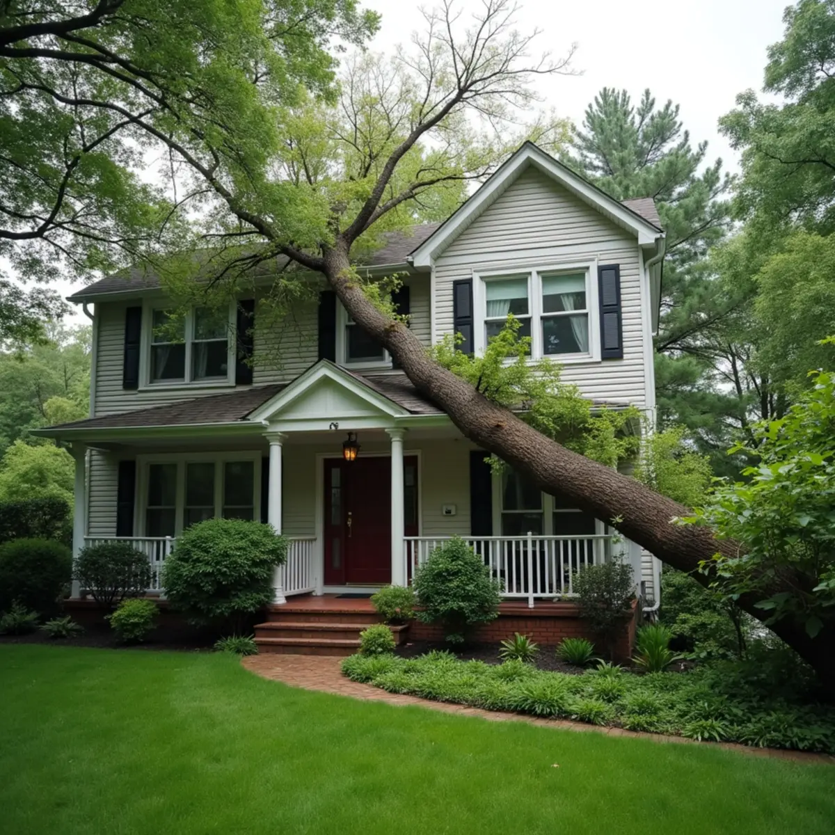 Fallen tree resting on a damaged roof of a suburban home after a storm in Howell Township, New Jersey