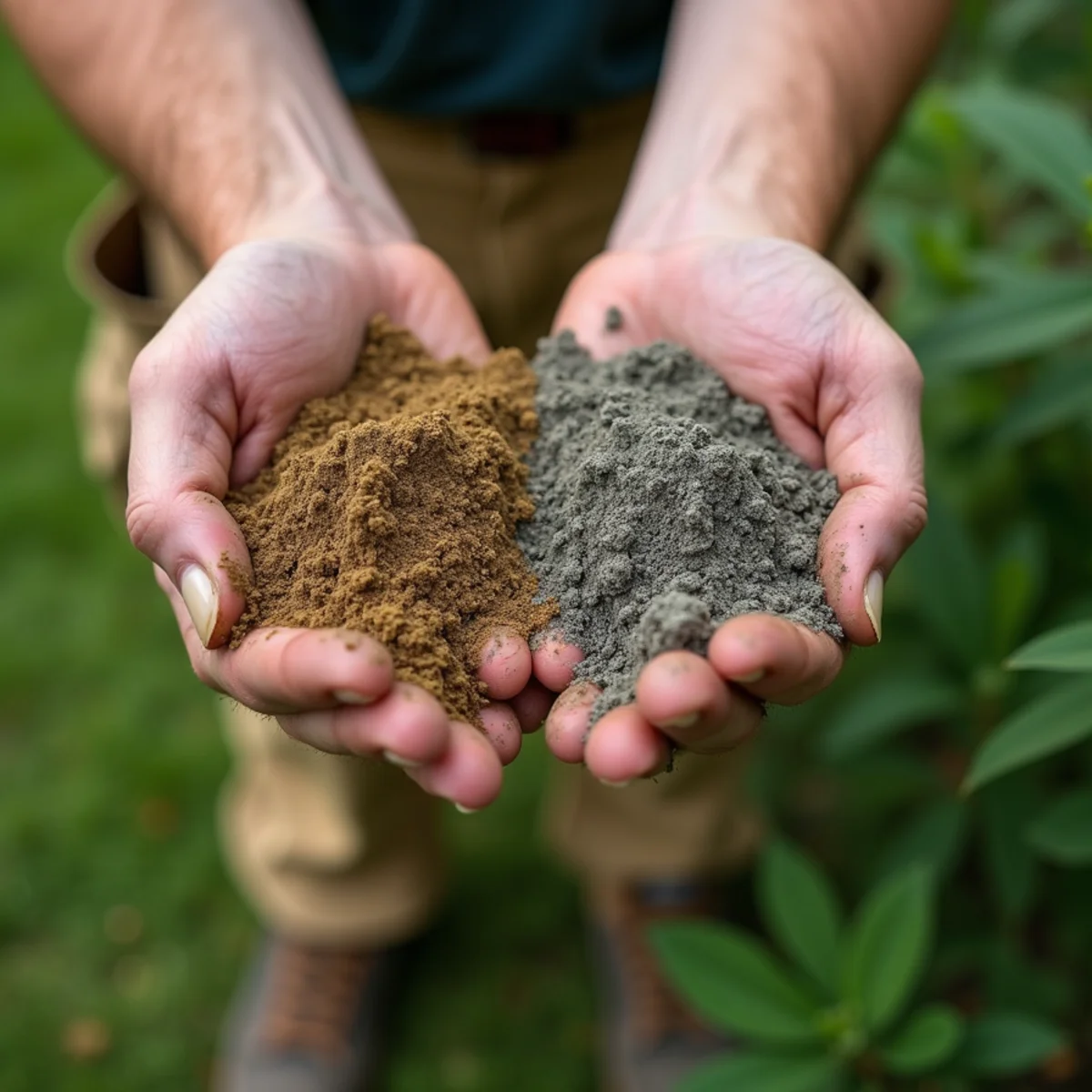 Hands holding dark sandy-loam soil beside a compacted clay clod in a Freehold Township yard