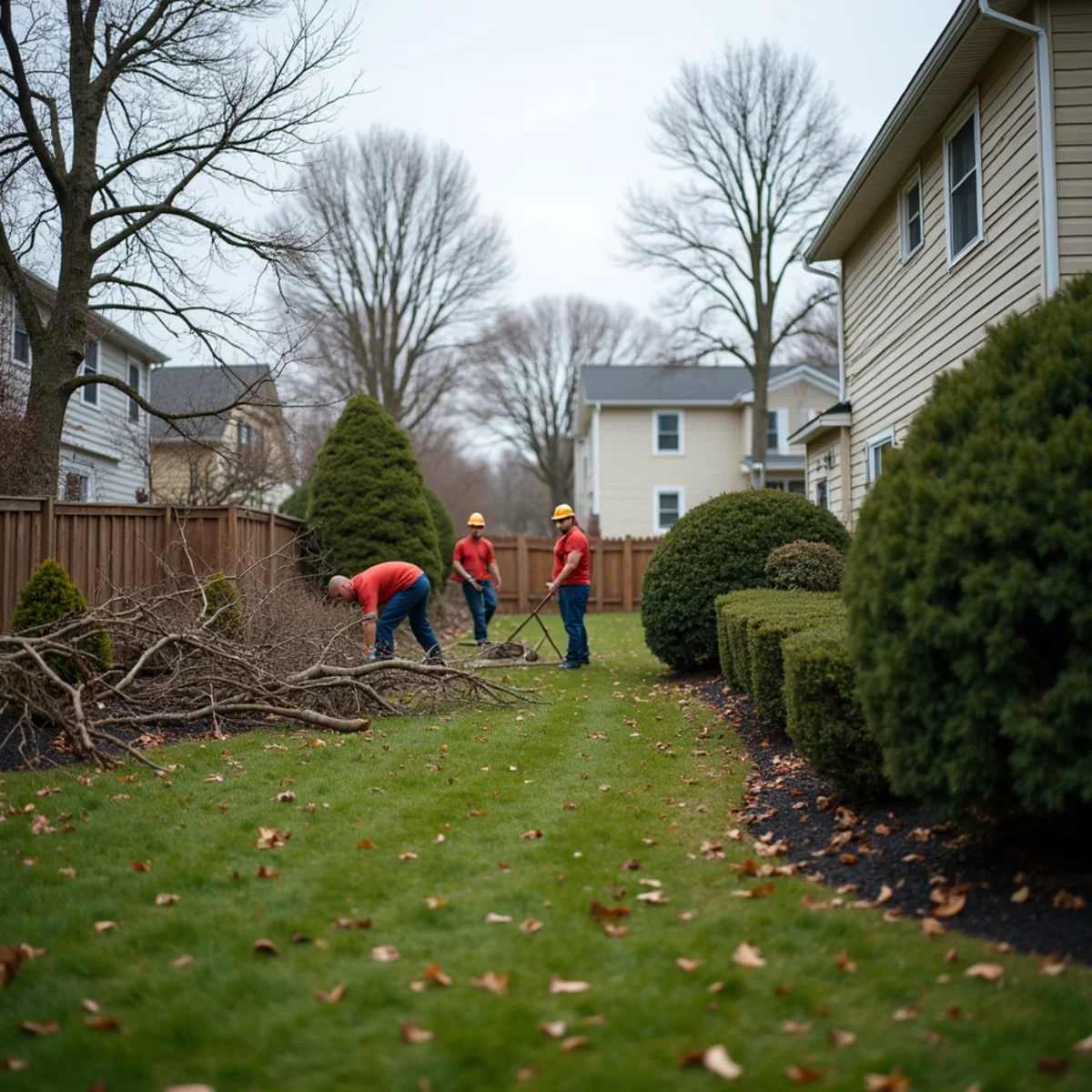 Storm-damaged backyard with downed branches and scattered debris after a nor'easter in Wall Township, New Jersey