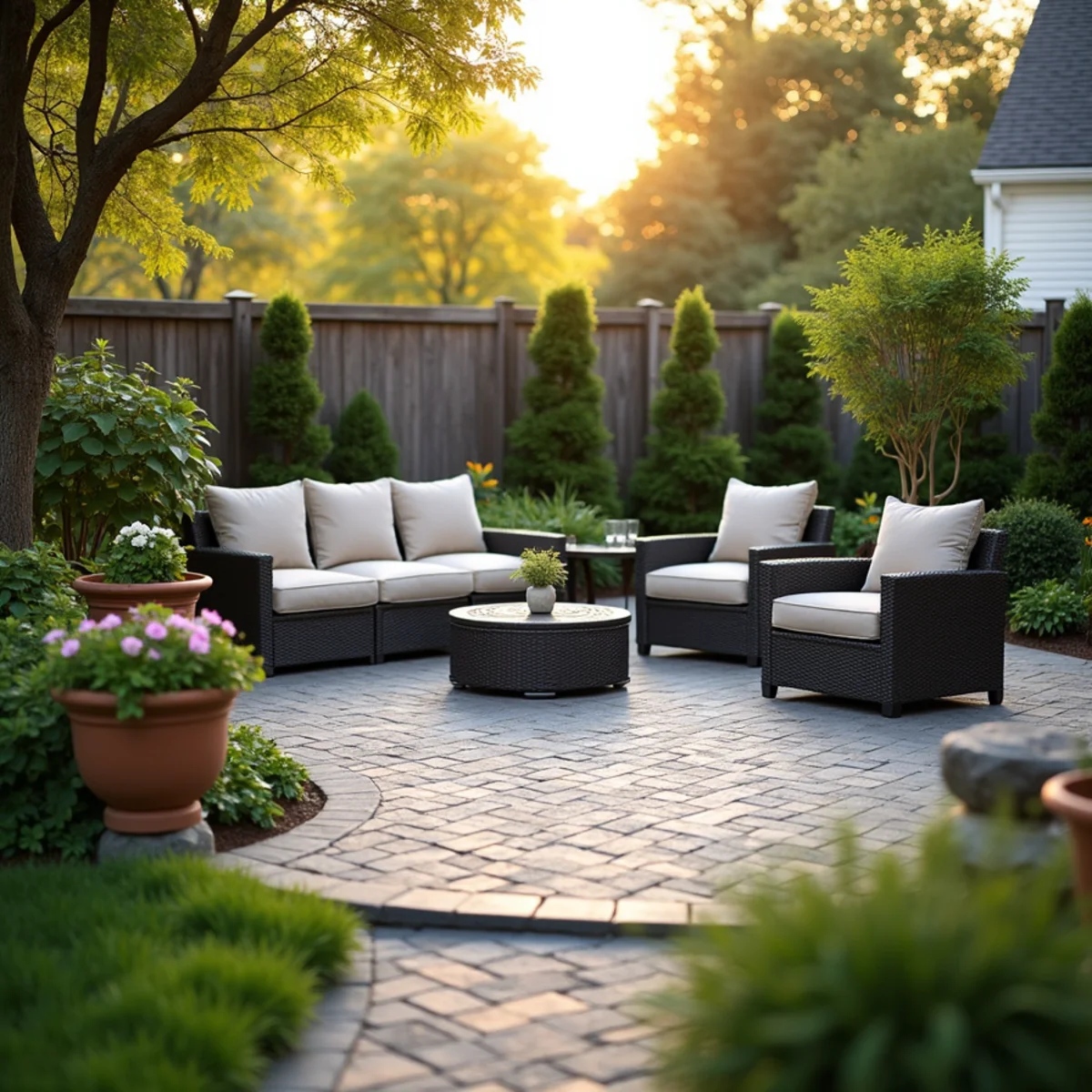 Newly installed paver patio with seating area in a landscaped backyard in Colts Neck Township, New Jersey