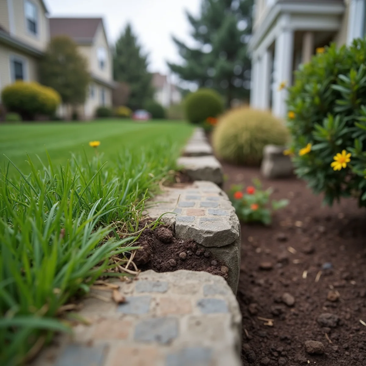 Leaning and bulging stone retaining wall showing signs of structural failure in a backyard in Marlboro Township, New Jersey