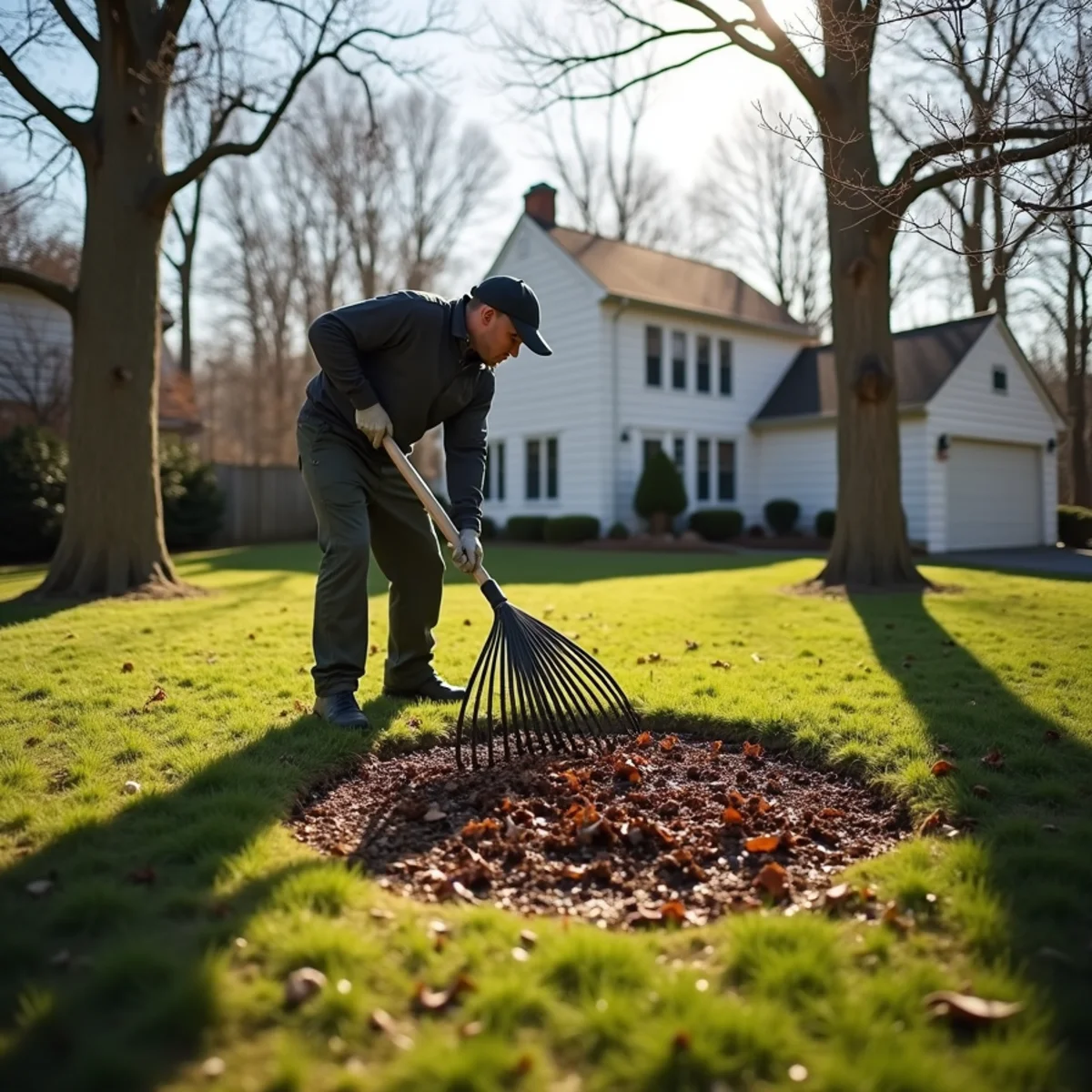 Raking fallen branches and matted leaves off a lawn during spring cleanup in Central New Jersey