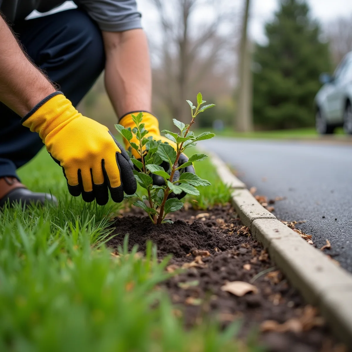 Inspecting heaved perennials and salt-burned turf along a driveway after winter in NJ
