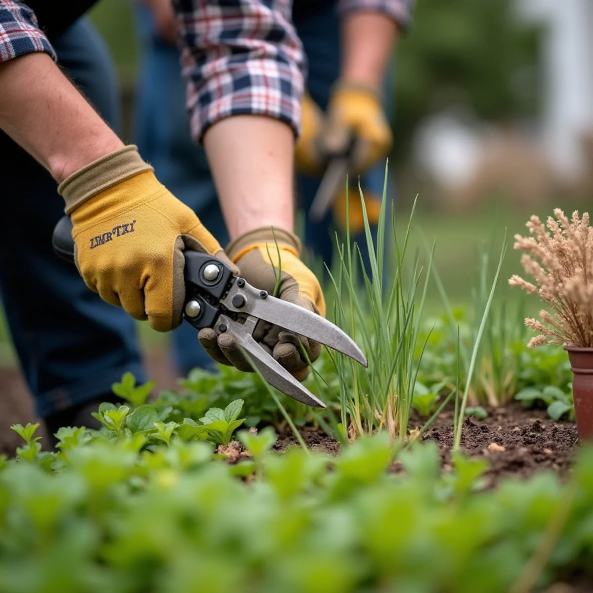Cutting back spent perennials and ornamental grasses in a spring garden bed