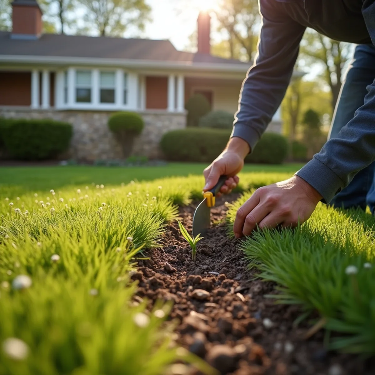 Cutting a crisp edge and pulling early weeds along a mulched flower bed in New Jersey