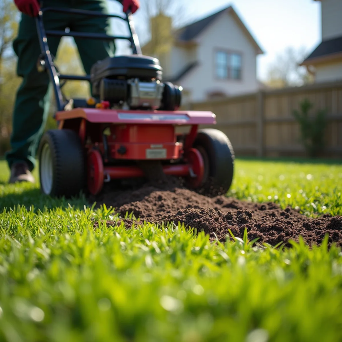 Core aerator relieving compaction and overseeding thin turf on a spring lawn