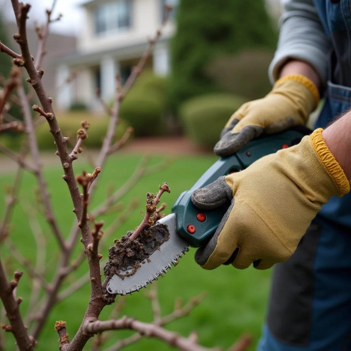 Pruning dead and damaged wood from a shrub during spring cleanup in Central NJ