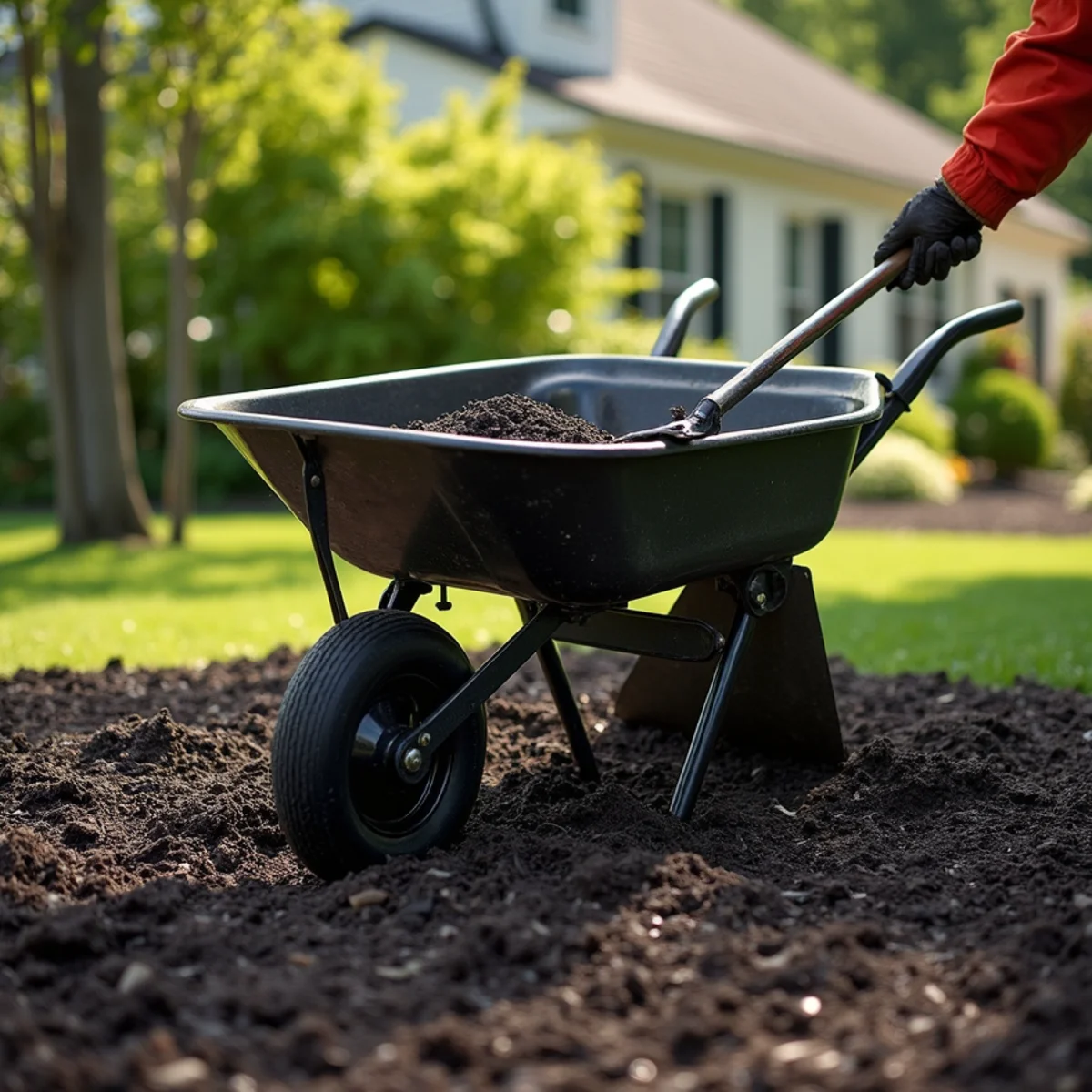 Spreading fresh mulch two to three inches deep in a warmed spring garden bed