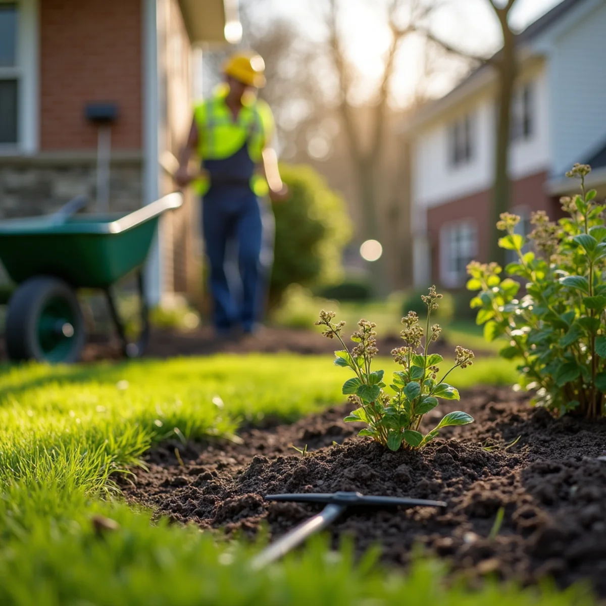 Rake, wheelbarrow, and cleared garden beds during a spring yard cleanup in Marlboro, New Jersey