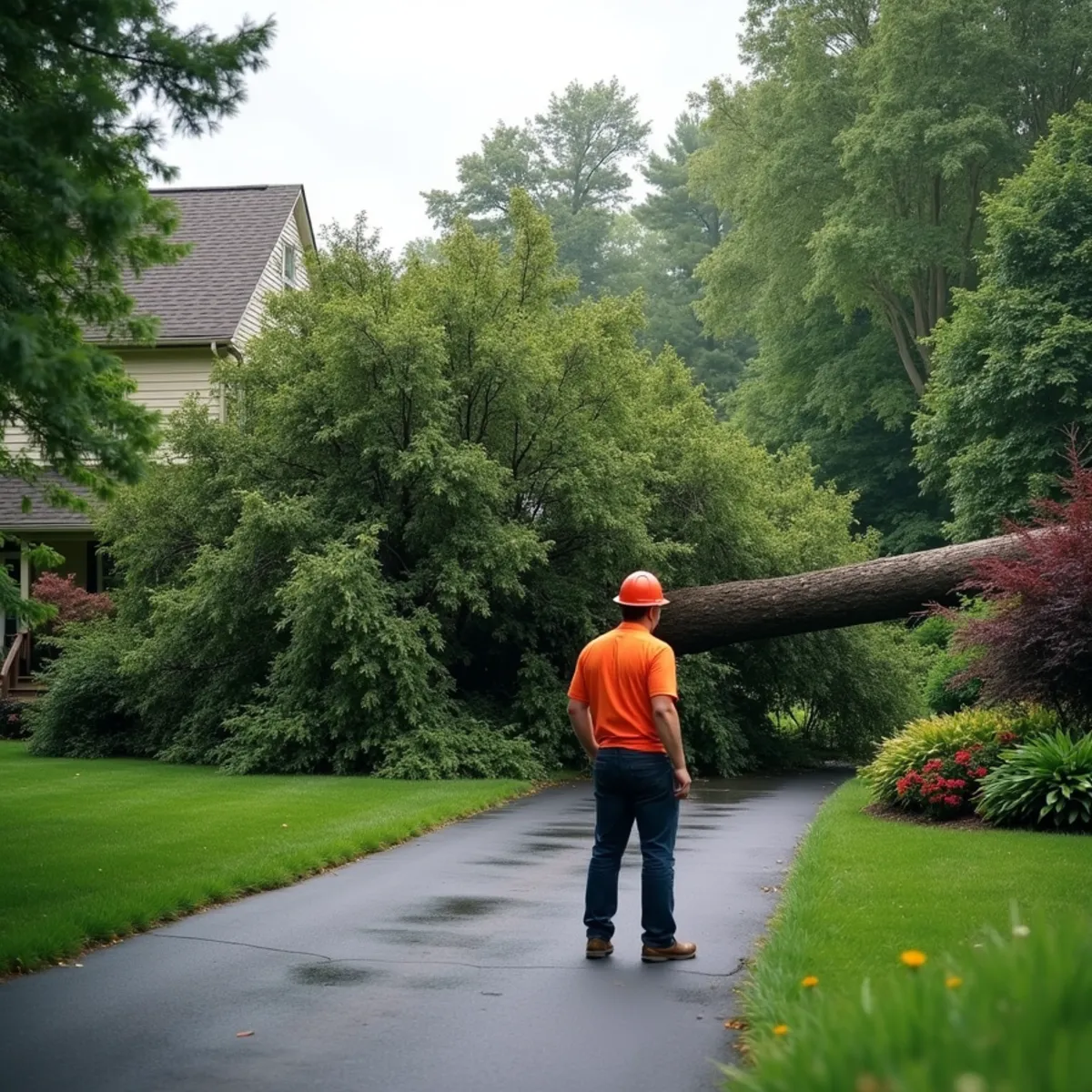 Large oak tree fallen across a residential backyard after a storm in Freehold Borough, New Jersey