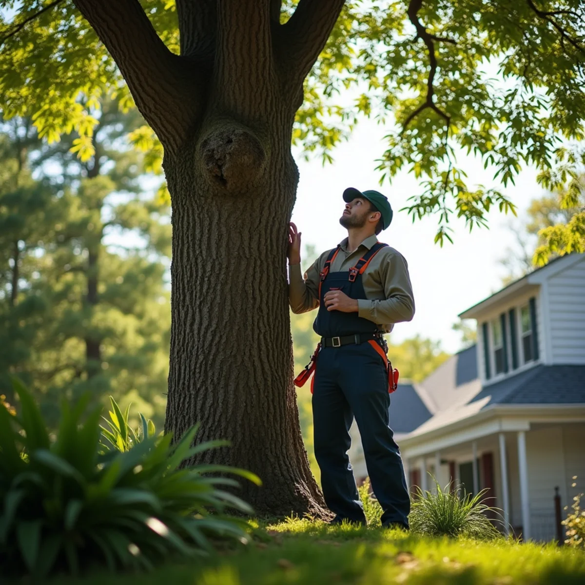 Homeowner examining a cracked tree limb and exposed roots before storm season in Monmouth County