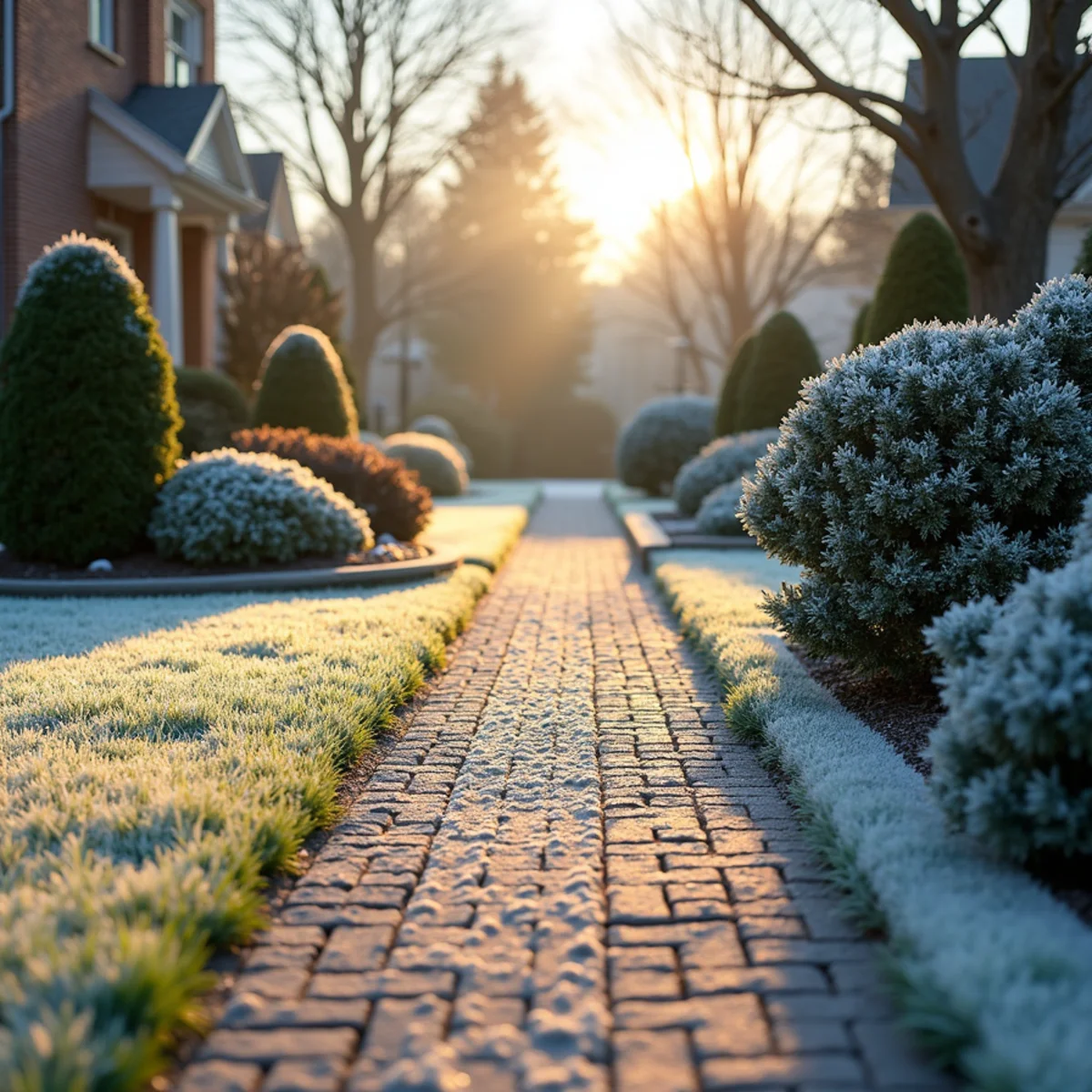 Frost-heaved lawn and dormant turf on a cold winter morning in Freehold Borough, New Jersey