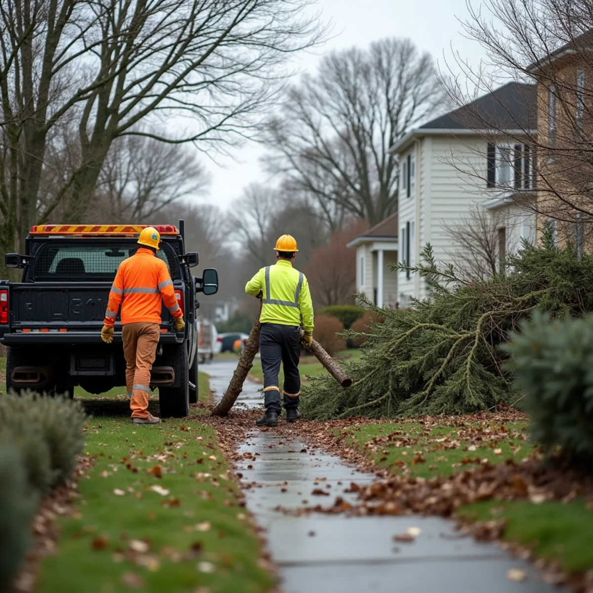 Emergency crew clearing storm-downed branches from a Freehold Borough, NJ property by The Blue Sky One LLC