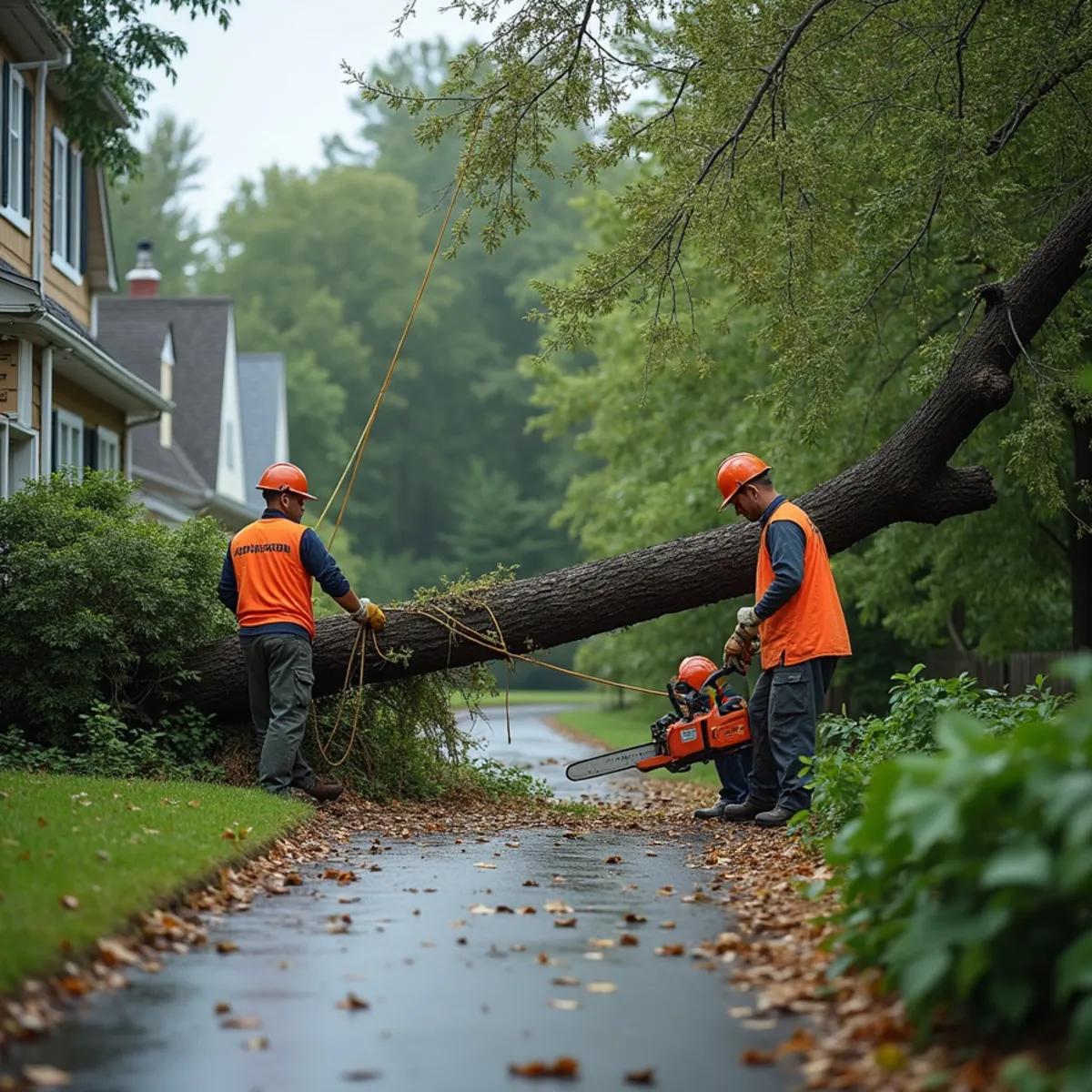Crew removing a large fallen tree from a Freehold Borough, NJ yard after a storm by The Blue Sky One LLC