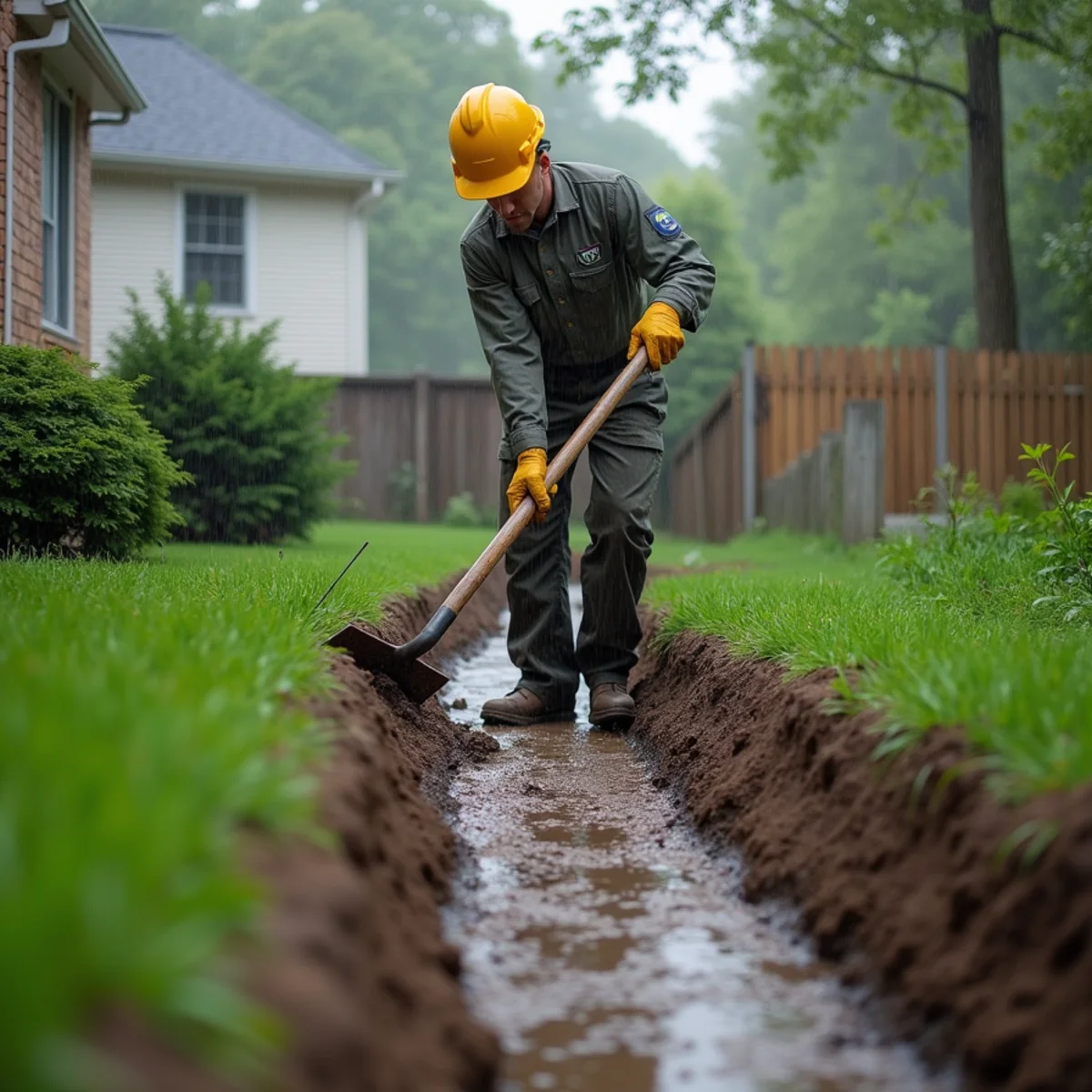 Crew diverting standing storm water away from a Freehold Borough, NJ foundation by The Blue Sky One LLC