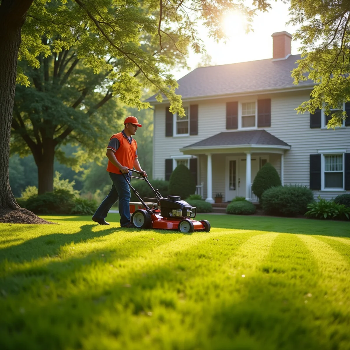 Lawn care crew mowing a healthy green lawn in Freehold Borough, NJ by The Blue Sky One LLC