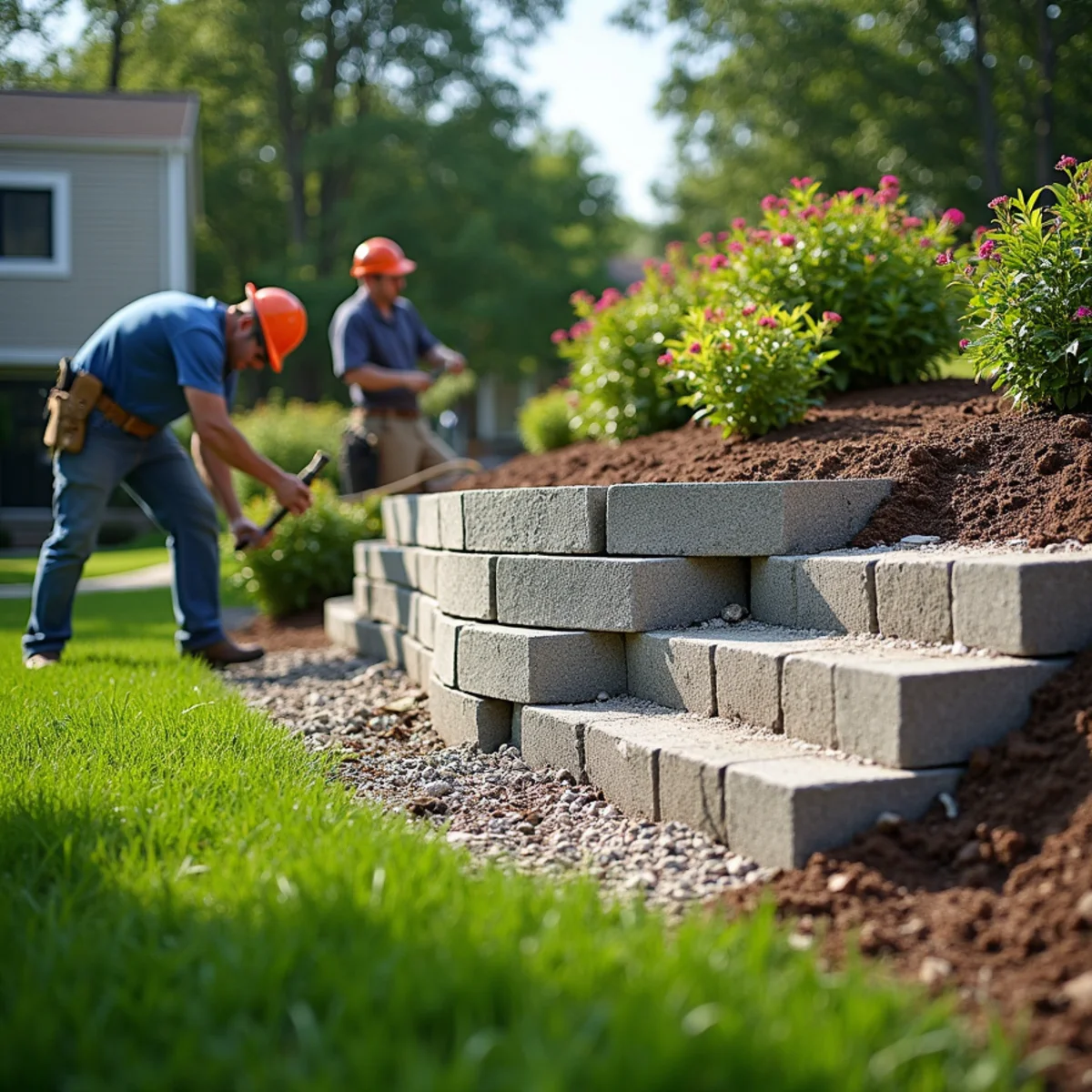 Segmental block retaining wall leveling a sloped yard in Freehold Borough, NJ by The Blue Sky One LLC