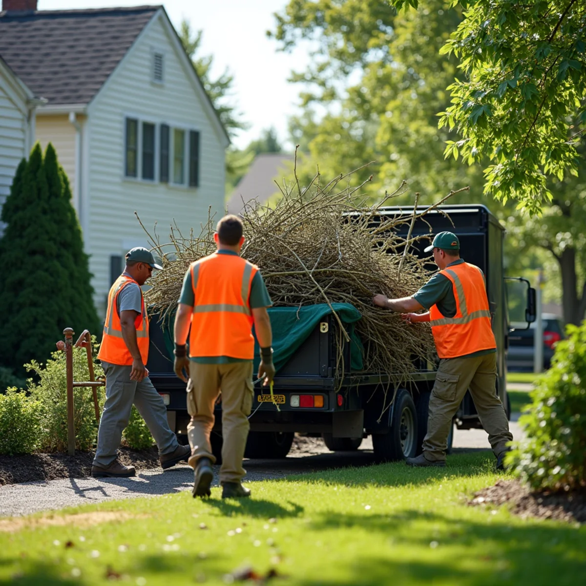 Crew loading yard brush and storm debris for removal in Freehold Borough, NJ by The Blue Sky One LLC